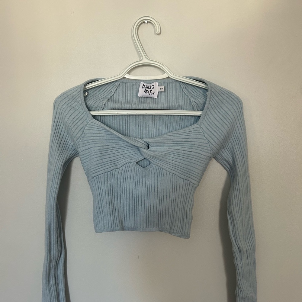 Princess Polly Light Blue Cropped Knit Long Sleeve